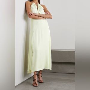 Jonathan Simkhai Pistachio green dress with gold hardware necklace